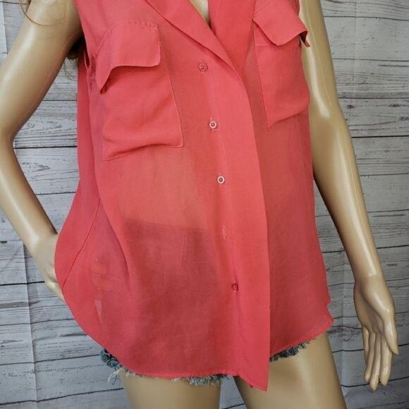 Cotton On Sleeveless Sheer Coral Blouse With Pockets tie up wear down pool sz S - Picture 8 of 10
